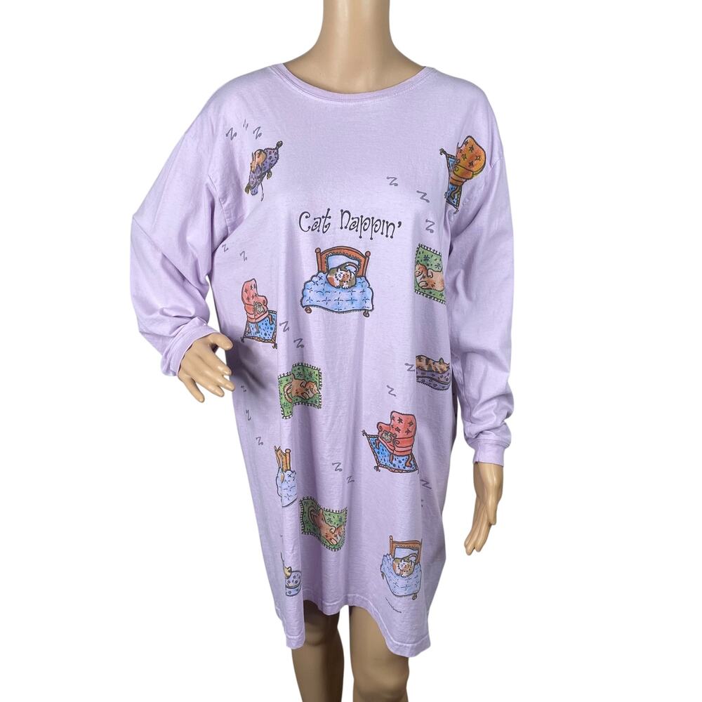 Vtg 1997 Relevant Products Pastel Purple Cat Nappin Novelty T-Shirt Tunic OS
